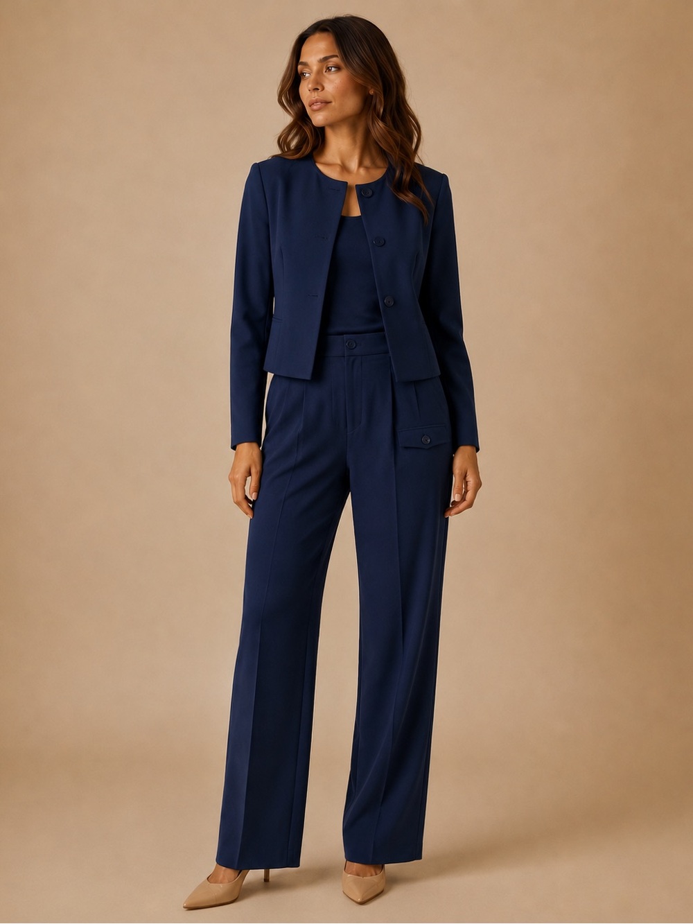 Vintage Harvé Benard Petites Vintage Navy 3-Piece Suit Set Blazer Top Pants (XS)